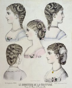 さまざまなヘアスタイル、Le Moniteur de la Coiffure、1880年のプレート 作： French School