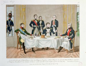 1807年6月3日、プロイセンのフレデリックウィリアム3世、ロシアの皇帝アレクサンドル1世とプロイセンの女王に乾杯をするナポレオンの間のティルシットでのディナー 作： French School