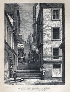 カナダを発見する。ケベック州のRue du Peute Champlain（プティ・シャンプラン）。写真をもとにテイラーが描いたもの。Eugene Gueninの「La nouvelle France」に掲載された19世紀末の版画。 作： French School
