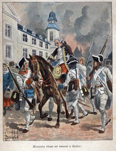 カナダを発見。ルイ・ジョセフ・ド・モンカルム（1712-1759）は、イングランド人によるクアベック市の包囲の際に負傷し、1759年にケベックに連れ戻されたフランスの将軍である。19世紀末、ユージン・グエナンの「La nouvelle France」に掲載された版画。 作： French School