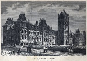 発見されたカナダ。オタワの国会議事堂。写真をもとにデロイが描いたもの。Eugene Gueninの「La nouvelle France」に掲載された19世紀末の版画。 作： French School