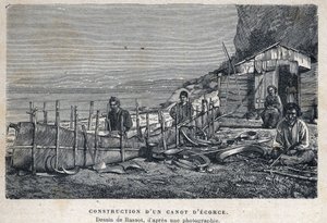 発見されたカナダ：バークカヌーの構造。写真をもとにバソが描いたもの。19世紀末、ユージン・グエナンの「La nouvelle France」に掲載された版画。 作： French School