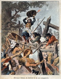 発見されたカナダ：1657年、アダム・ドラード・デ・オルモー（1635-1660）とその仲間が、アメリカのイロコイ族のインディアンに対して、自分たちの野営地を守るために防衛した。19世紀末、ウジェーヌ・グエナンの「La nouvelle France」に掲載された版画。