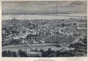 発見されたカナダ：1875年のモントリオールの街の風景。写真をもとにブノワが描いたもの。19世紀末、ユージン・ギュナンの「La nouvelle France」に掲載された版画。 作： French School