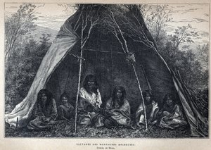 カナダから発見されたロッキー山脈に住むアメリカン・インディアン。19世紀末、ユージン・グエナンの「La nouvelle France」に掲載された版画。