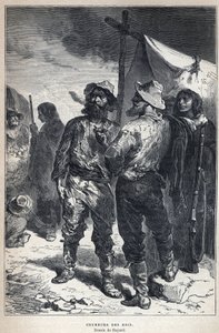 カナダから発見された：coureur des bois（アメリンド人との毛皮貿易に携わった）。バイヤードの絵。19世紀末、ユージン・グエナンの「La nouvelle France」に掲載された版画。 作： French School