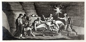 先史時代の動物の骨の発見、モンターニュサンピエールドマーストリヒトの自然史からのイラストバルテルミーフォーハドサンフォン（1743-1819）1799