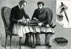 子供の目を診て目薬をさす医師（エングレービング）1888年 作： French School
