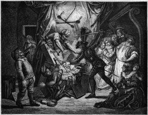 ドン・キホーテがムーア人だと思っている人形と戦っている。セルバンテス(1547-1616)の小説を描いたシャルル・アントワーヌ・コイペル(1694-1752)の絵の後に、V.ボーセが描いた版画。Le Magasin picturesque」にて。 作： French School