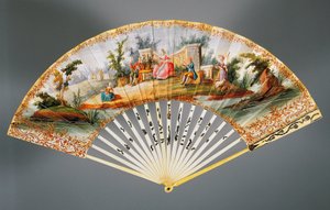 牧歌的なシーンが描かれたダブルリーフのハンドファン、アイボリーとシルバーのリブ