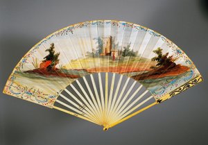 牧歌的風景が描かれた二葉の手扇、象牙と銀のリブ、1760年頃、フランス、バック