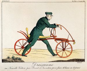 Draisienne、自転車の祖先、1820年（カラー彫刻） 作： French School