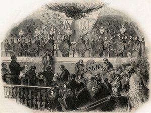 19世紀中頃、シャンゼリゼ（Champs Elysees）のサーカスホールで行われたインゴットドールの抽選会の様子 - Edmond Texier 1852年の「Tableau-de-Paris」に掲載されたエングレービング 作： French School
