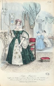 1831年にロンドンで出版されたThe Ladys Magazineのパリ風ファッションプレート、プレーンベルベットとラメサテンのドレス 作： French School