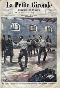 ドレフュス事件：ジョルジュ・ピカール中佐（1854-1914）とユベール・アンリ中佐（1846-1898）がパリの陸軍士官学校で決闘した事件。1898年3月の「La petite Gironde」の表紙（エングレービング 作： French School