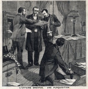 ドレフュス事件。3人の私服警官と警視総監がジョルジュ・ピカール（1854-1914）の自宅を捜索する。1897年12月5日の「Le Peute Parisien」にて。個人蔵 作： French School