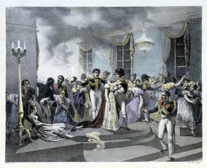1810年7月1日、パリのオーストリア大使館でナポレオン1世とマリー・ルイーズの結婚を祝っている最中に火災が発生した。数名の死者が出た。ナポレオン1世は後に消防隊を創設した。 作： French School