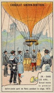 パリ包囲戦で初の郵便気球飛行に成功したデュルオフ 作： French School