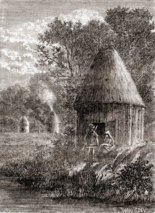 1870年頃に出版された「Les Merveilles de la Science」に掲載されている、火事の煙を逃がすために屋根に穴を開けた丸い小屋、初期のガリア人の家（エングレーヴィング