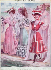 20世紀初頭のビーチや海水浴のコスチューム、1906年頃（カラーリトグラフ） 作： French School