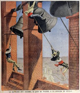 1908年4月19日、ルプティジャーナルの表紙イラスト、セビリアのヒラルダの塔で鳴くイースターベル 作： French School