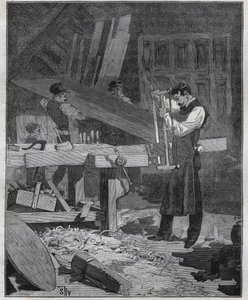 Ebenisterie：確立された場所で板を割るエベニストの労働者。Adolphe BITARDの "Les arts et metiers illustres "に掲載された1885年のエングレーヴィング。 作： French School
