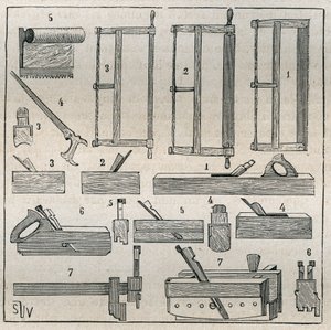 エベニスター：通常の道具、ノコギリ、カンナ。Adolphe BITARDの "Les arts et metiers illustres "に掲載された1885年の版画。 作： French School