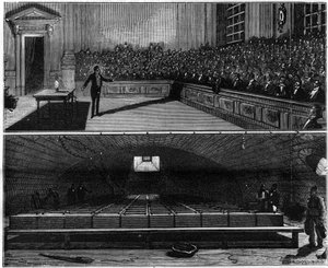 ハンフリー・デイビー（1778-1829）が1813年にロンドン王立研究所の化学の授業で行った電光実験。La Nature.Revue des sciences et de ses applications aux arts à l