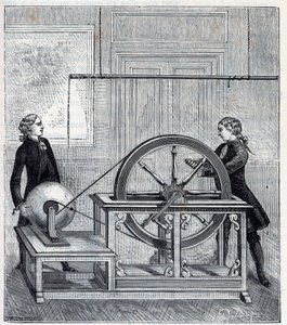 フランシス・ハウクスビー（1666-1713）による電気機械（発電機）をボーズ・ランシアンが完成させたもので、アレクシス・クレールの「万人の目に触れる科学-物理学と化学」に掲載された版画で、19世紀末のもの。19世紀末 個人蔵 作： French School