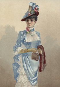 小さなハンドバッグを運ぶ青いドレスのエレガントな若い女性 作： French School