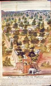 サイアムのイエズス会の記録からのサイアムのエレファントハント、1688（紙のトイレ） 作： French School