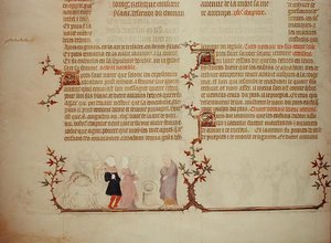 エリエゼルがレベッカをイサクに贈るシーン（『ジャン・ド・シーの聖書』より）1355年頃（ベラム製 作： French School