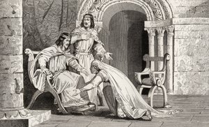 エームは、主権を認めて夫ラウル（d.936）の膝にキスをしました。 作： French School