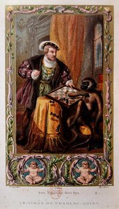 皇帝シャルル5世と猿（1864年にパリで出版されたCollin de Plancyの「Legends of the Seven Deadly Sins（七つの大罪の伝説）」の挿絵）（カラーリトグラフ版 作： French School