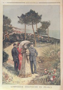 オーストリアのフランツヨーゼフ皇帝とフランスのリビエラでの休暇、妻のエリザベス皇后1894年（litho0色） 作： French School