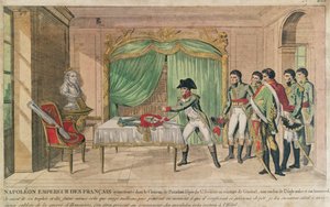 ナポレオン皇帝1806年にポツダムでフレデリック大王の剣を熟考している（色の彫刻） 作： French School