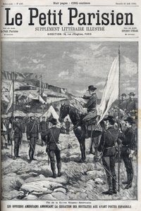 1898年の米西戦争（アメリカ・イスパノ）の終結。スペインの前哨基地で敵対行為の停止を告げるアメリカ人将校。1898年の "Le petit parisien "に掲載された版画。