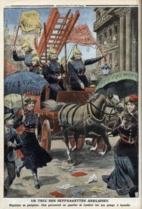 消防士の格好をしたイギリスのサフラジェットたち（1910年4月3日付「Le Petit Journal」より）（エングレーヴィング 作： French School