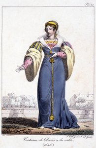 1545年頃の町での女性の衣装を描いたエングレーヴィング。 作： French School
