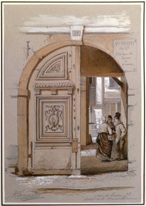 ホテルオブザマーキーズドゥブリンヴィリエへの入口、28 rue de Bievre、パリ（チョークとガッシュ紙） 作： French School