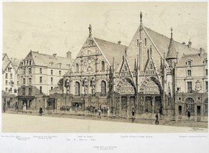 1590年当時のマルシェ・パル通りのホテル・デュー（ホテル・デュー）の入り口 - 19世紀後半の「Paris a travers les ages」にて 作： French School
