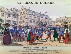 1914年8月9日、アルザス地方ミュルーズへのフランス軍の進入（カラーリトグラフ） 作： French School