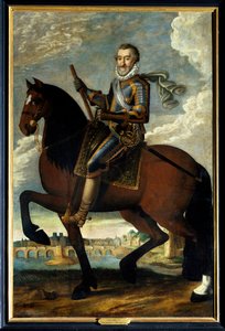 パリのポン・ヌフの前で撮影されたフランス王アンリ4世（1553-1610）の騎馬像。17世紀の匿名の絵画。キャンバスに油彩。必須項目です。サリー・シュル・ロワール、シャトー・ドゥ・サリー 作： French School