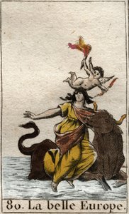 雄牛の姿をしたゼウスにさらわれたエウロパ（Pierre Blanchard 1803「Mythologie de la jeunes」より）。 作： French School