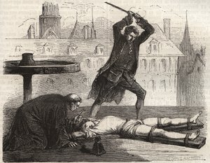 1777年にパリのグレーブ広場で行われた毒殺者アントワーヌ・フランソワ（アントワーヌ・フランソワ）・デスルーズ（1744-1777）の処刑（Le torice de la roue） - パリのグレーブ広場で車輪の上で壊されたデスルーズの処刑 作： French School