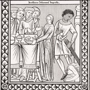 セント・ルイの13世紀の詩篇本のミニチュアの後、ポール・ラクロア（1806-84）による「ル・モヤン・エイジ・エ・ラ・ルネッサンス」から1847年に出版された洗礼者ヨハネの処刑 作： French School