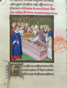 Les Grandes Chroniques de Franceからの1297年の聖ルイ（1215-70）の発掘と正典化 作： French School