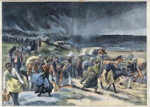 マルティニークのMontagne Pelee火山の噴火後のFort de France(フォール・ド・フランス)の住民の出国。"Le Petro Parisien "のエングレーヴィング 作： French School