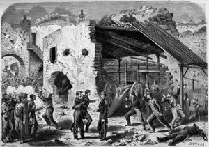 メキシコ遠征（1861年～1867年）-プエブラ包囲戦-1863年：フランス軍によるフレーム（家の集合体）の攻撃。市街地に入ると、フランス兵は四分一で戦わなければならなかった。Le Monde I "に掲載された写真 作： French School