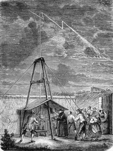 1752年5月10日、Thomas Francois (Thomas-Francois) Dalibard (1703-1779) a Marlyによって行われた、嵐の雲の中に電気石が存在することを初めて実証した経験 - エングレーヴィング 作： French School